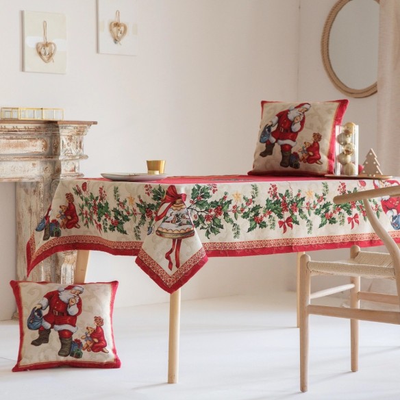 Mantel de mesa navideño decorativo con diseño clásico en tonos rojos con motivos de Santa Claus-GINGLE