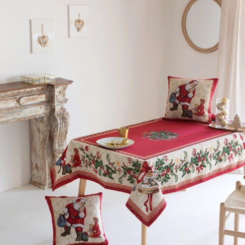 Mantel de mesa navideño decorativo con diseño clásico en tonos rojos con motivos de Santa Claus-GINGLE