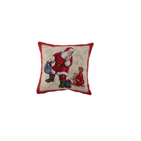 Funda de cojín navideña de 45x45 cm , diseño clásico con Santa Claus y motivos navideños en tonos rojos-GINGLE