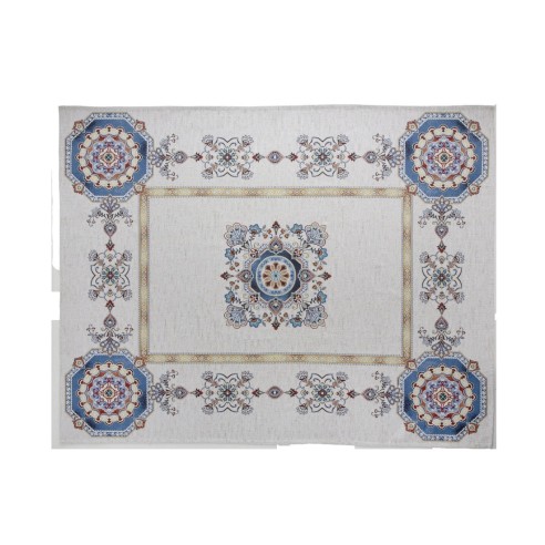 Mantel de mesa con diseño ornamental de inspiración mediterránea en tonos azul, rojo y beige sobre fondo claro