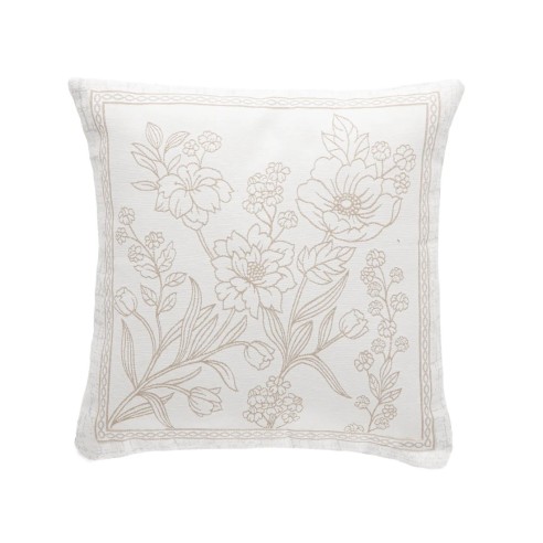Funda de cojín de 45x45 cm con diseño floral en tono beige sobre fondo blanco roto-URSULA