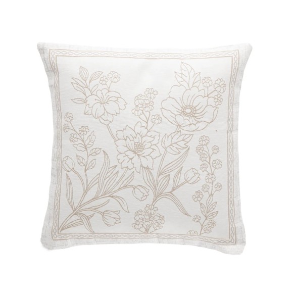 Funda de cojín de 45x45 cm con diseño floral en tono beige sobre fondo blanco roto-URSULA