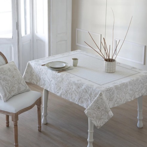 Mantel Floral Blanco y Beige Cozy en Jacquard de Diseño Minimalista