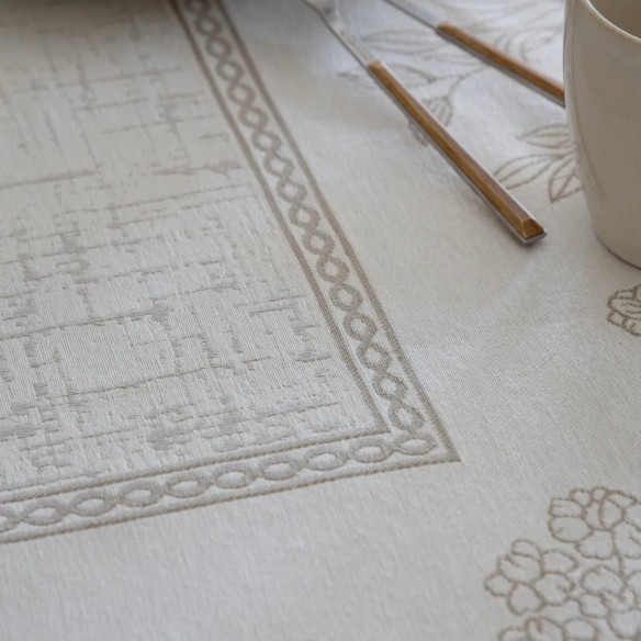 Mantel Floral Blanco y Beige Cozy en Jacquard de Diseño Minimalista