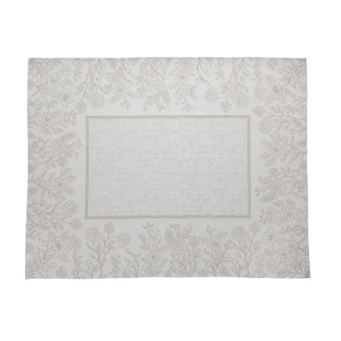 Mantel de mesa con diseño floral monocromático en tono beige sobre fondo blanco roto-URSULA