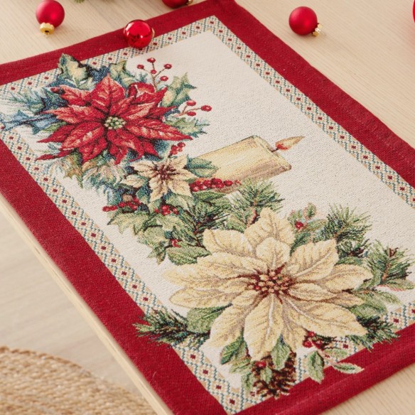 Set individual 30x45 cm decorativo navideño estilo tradicional en rojo, verde y dorado sobre fondo crema- CATALINA