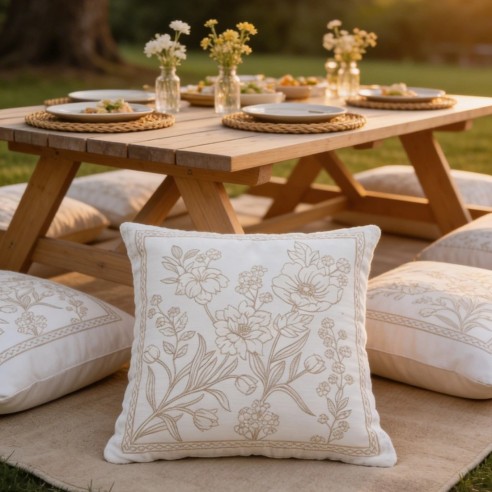 Cojín Floral Balnco y Beige Cozy 45x45 cm en Jacquard Minimalista