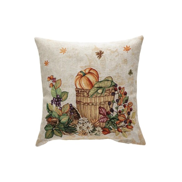 Funda de cojín de 45x45 cm, con diseño otoñal con calabazas y hojas en tonos cálidos sobre fondo beige-OTOÑO