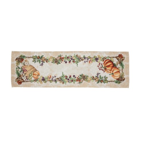 Camino de mesa de 40x135 cm , con diseño de calabazas y hojas otoñales en tonos cálidos sobre fondo beige-OTOÑO