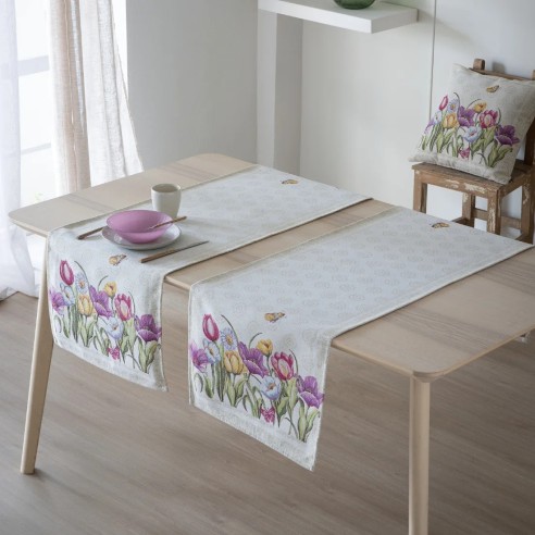 Camino de mesa  de 40x135 cm, con diseño floral primaveral multicolores vibrantes sobre fondo beige-LEIDEN