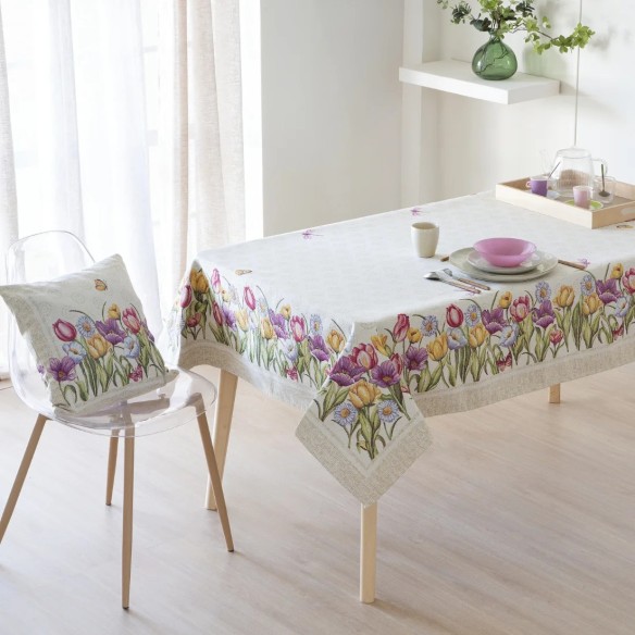 Mantel con diseño floral primaveral con tulipanes y mariposas multicolores vibrantes sobre fondo beige-LEIDEN