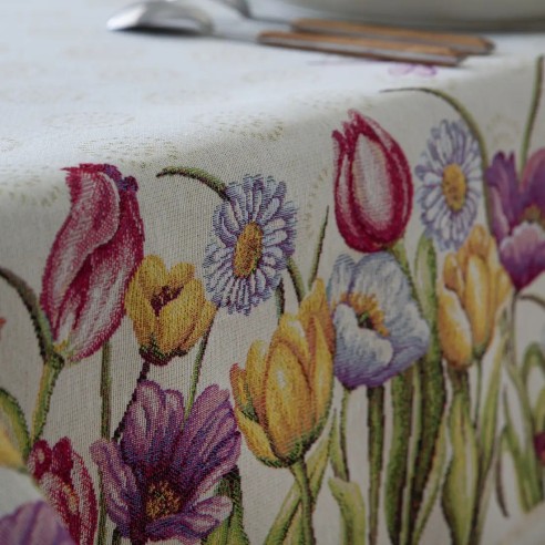 Mantel con diseño floral primaveral con tulipanes y mariposas multicolores vibrantes sobre fondo beige-LEIDEN