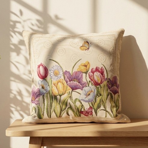 Funda de cojín de 45x45 cm ,  floral primaveral en tonos multicolores sobre fondo beige-LEIDEN