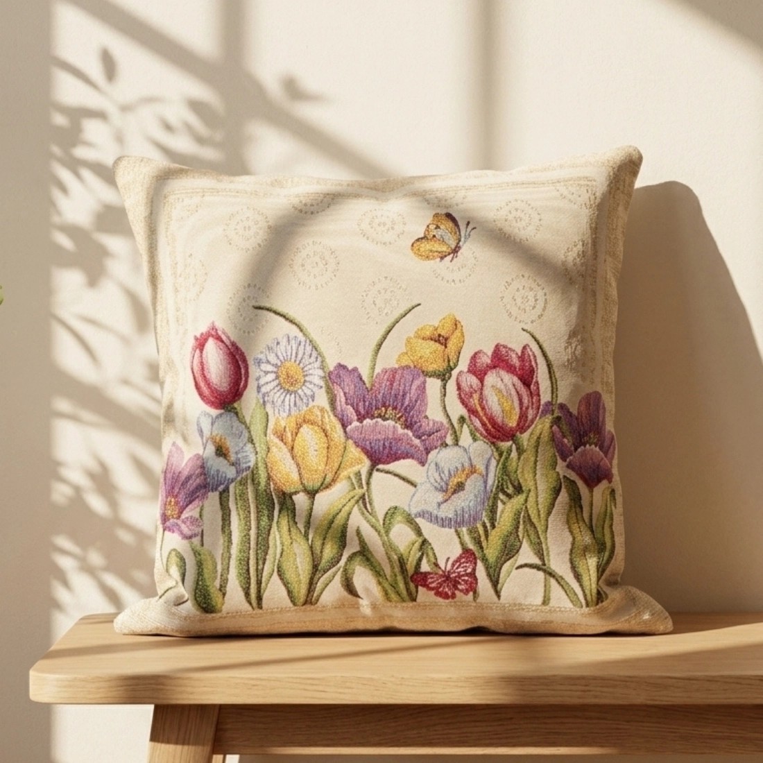 Funda de cojín de 45x45 cm ,  floral primaveral en tonos multicolores sobre fondo beige-LEIDEN