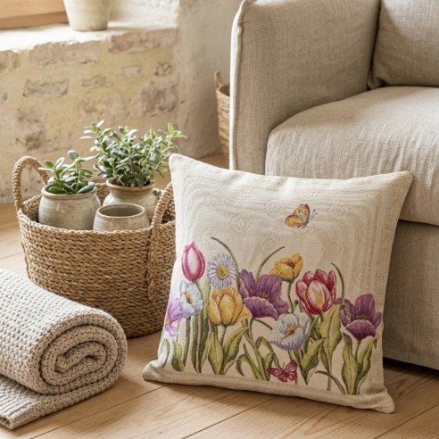 Cojín Multicolor de Flores tipo Tulipanes 45x45 cm en Jacquard