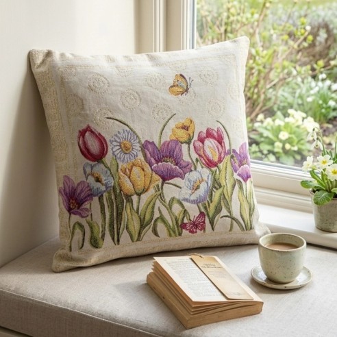 Funda de cojín de 45x45 cm ,  floral primaveral en tonos multicolores sobre fondo beige-LEIDEN