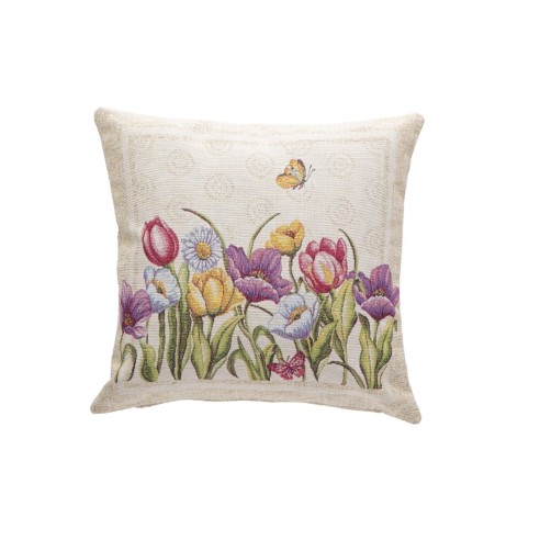 Funda de cojín de 45x45 cm ,  floral primaveral en tonos multicolores sobre fondo beige-LEIDEN