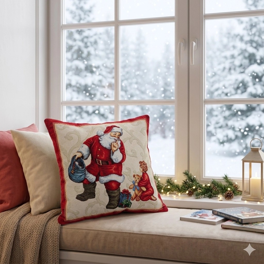 Funda de cojín navideña de 45x45 cm , diseño clásico con Santa Claus y motivos navideños en tonos rojos-GINGLE