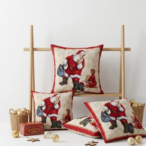 Funda de cojín navideña de 45x45 cm , diseño clásico con Santa Claus y motivos navideños en tonos rojos-GINGLE