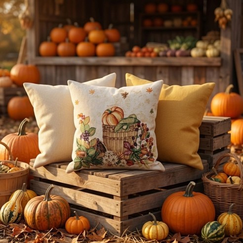 Funda de cojín de 45x45 cm, con diseño otoñal con calabazas y hojas en tonos cálidos sobre fondo beige-OTOÑO