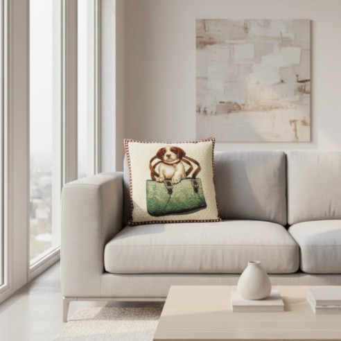 Funda de cojín estampados 45*45 cm en fondo beige con diseño Perro