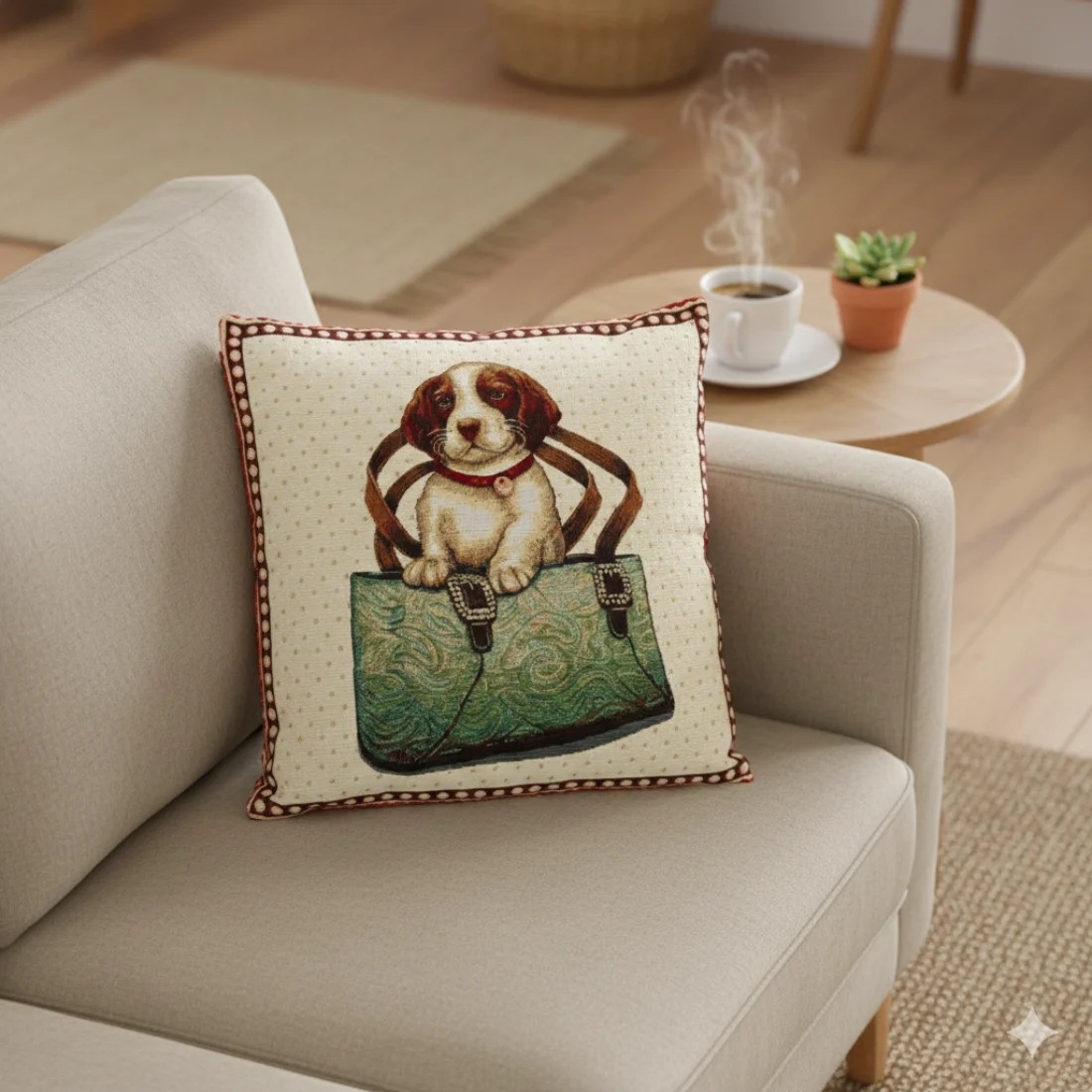 Funda de cojín estampados 45*45 cm en fondo beige con diseño Perro