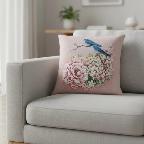 Cojín decorativo 45*45cm  con diseño de aves silvestres y peonías