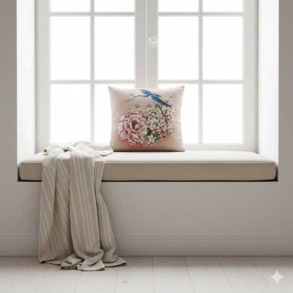 Cojín decorativo 45*45cm  con diseño de aves silvestres y peonías