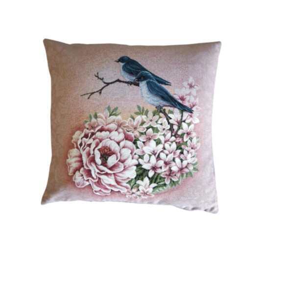 Cojín Pájaros Azulejos y Peonía Rosa 45x45 cm en Jacquard