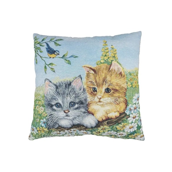 Cojín decorativo 45*45cm con diseño de gatitos en un prado florecido- MININOS