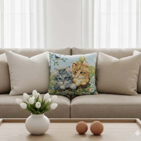 Cojín decorativo 45*45cm con diseño de gatitos en un prado florecido- MININOS