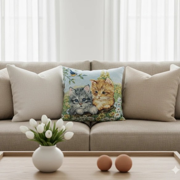 Cojín decorativo 45*45cm con diseño de gatitos en un prado florecido- MININOS
