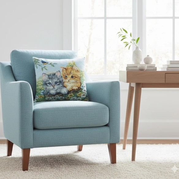 Cojín decorativo 45*45cm con diseño de gatitos en un prado florecido- MININOS