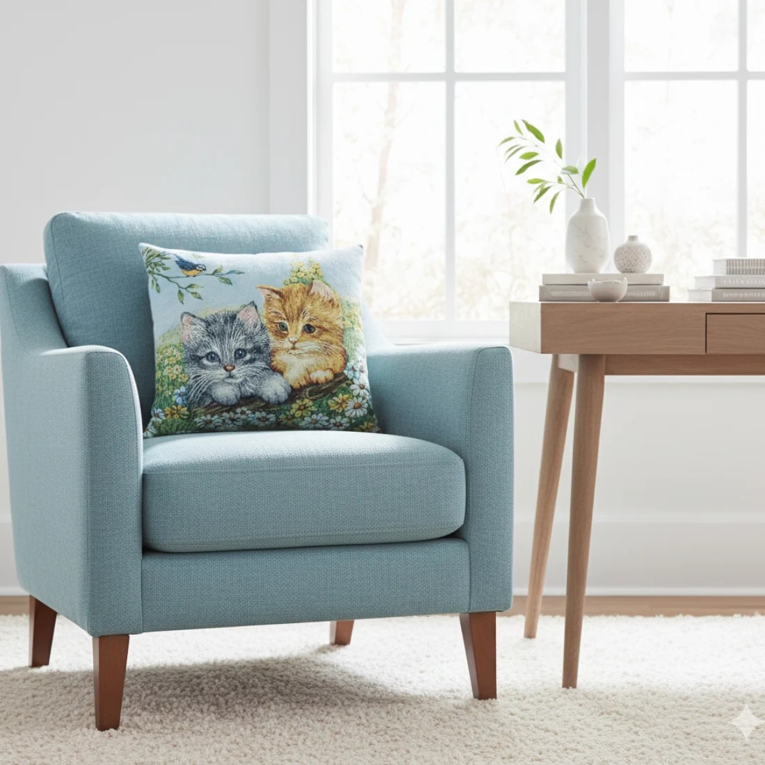 Cojín decorativo 45*45cm con diseño de gatitos en un prado florecido- MININOS