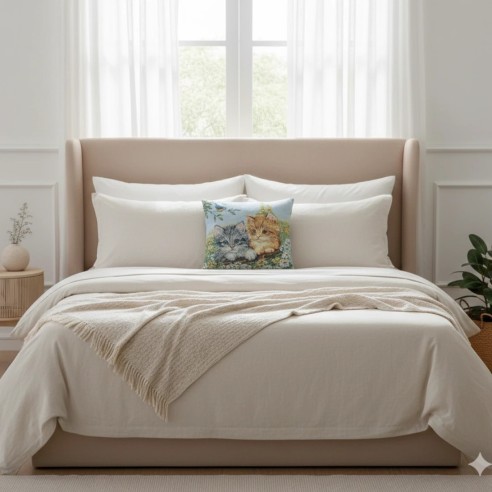 Cojín decorativo 45*45cm con diseño de gatitos en un prado florecido- MININOS