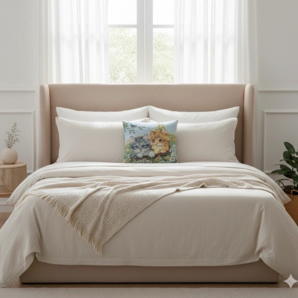 Cojín decorativo 45*45cm con diseño de gatitos en un prado florecido- MININOS