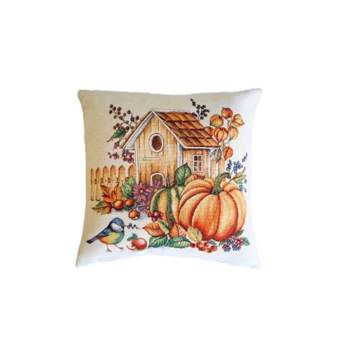 Cojín decorativo 45*45cm con diseño otoñal de casa de campo y calabazas