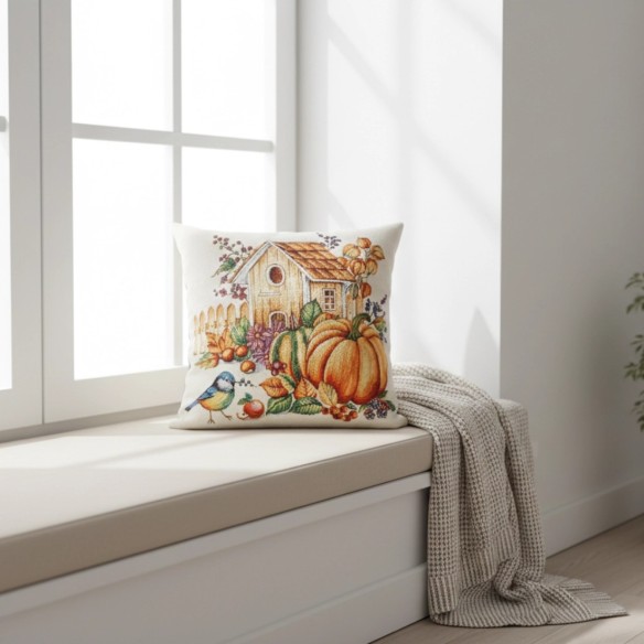 Cojín Diseño con Calabazas 45x45 cm en Jacquard – Decoración Granja