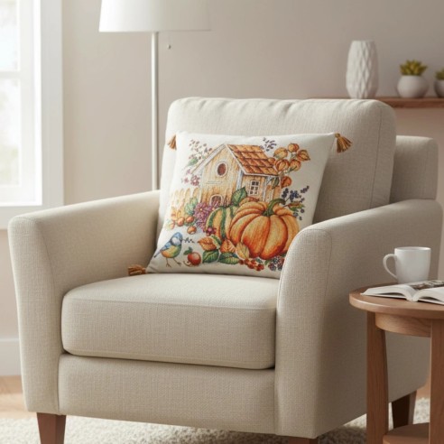 Cojín decorativo 45*45cm con diseño otoñal de casa de campo y calabazas