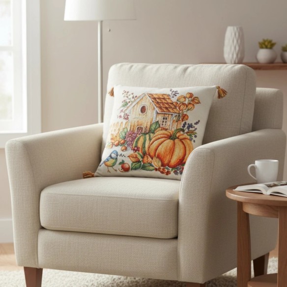 Cojín decorativo 45*45cm con diseño otoñal de casa de campo y calabazas