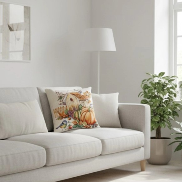 Cojín decorativo 45*45cm con diseño otoñal de casa de campo y calabazas