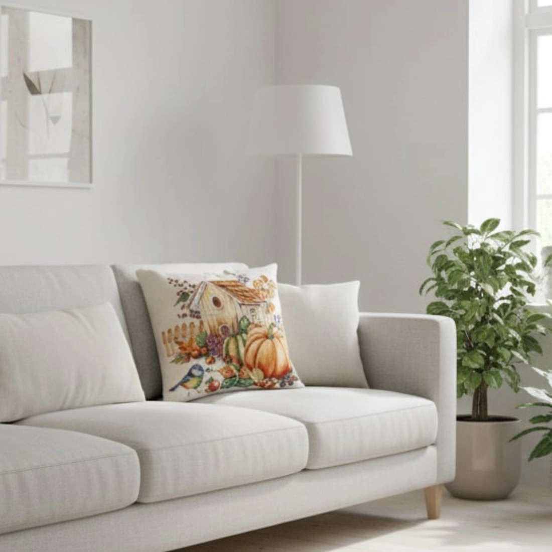 Cojín decorativo 45*45cm con diseño otoñal de casa de campo y calabazas