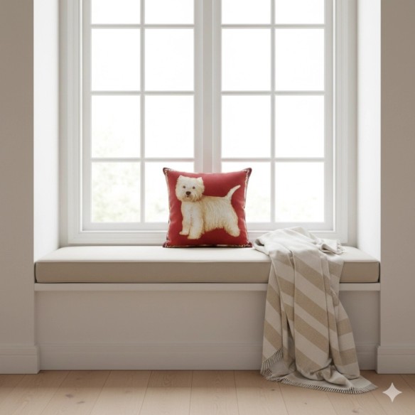 Cojín decorativo 45*45 cm  con diseño clásico de perro sobre fondo rojo