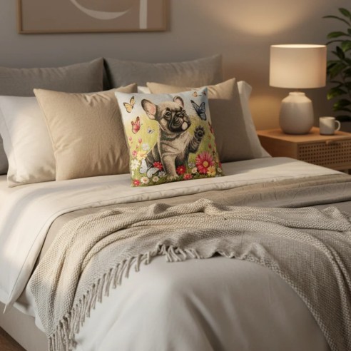 Cojín decorativo 45*45cm con diseño de gatitos en un prado florecido- MININOS