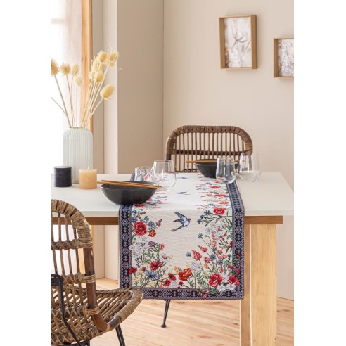 Camino de mesa de tejido jacquard  con flores y golondrinas. 40x135 CHAMOMILLE