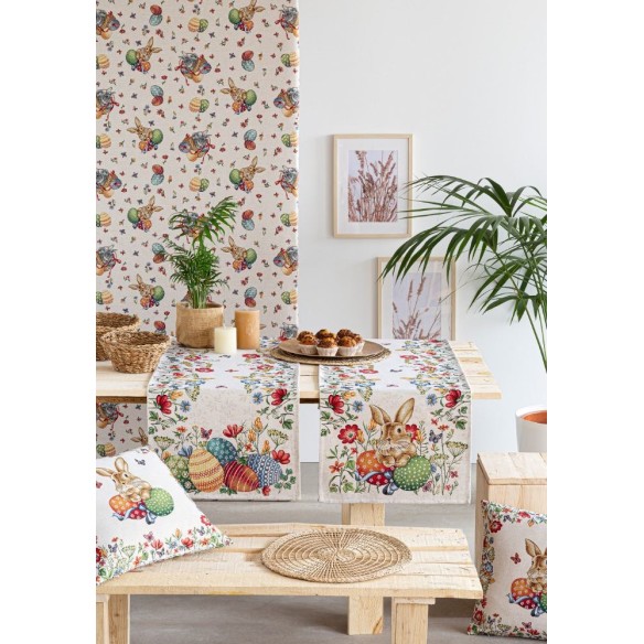 Camino de mesa de tejido jacquard con conejo y huevos de pascua. 40x135 EGGS