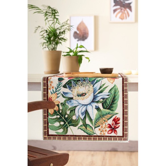 Jacquard table runner with flower beige background. 40x135 LOTUS