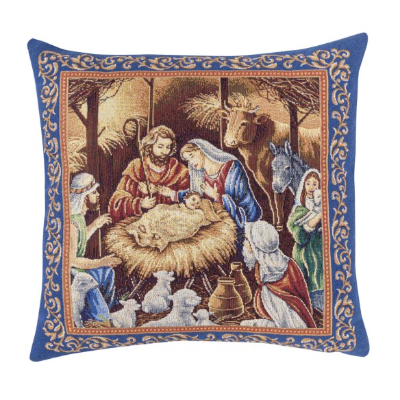 Cojin Jacquard con nacimiento y pastores con fondo azul. 45x45 NATIVIDAD C.21