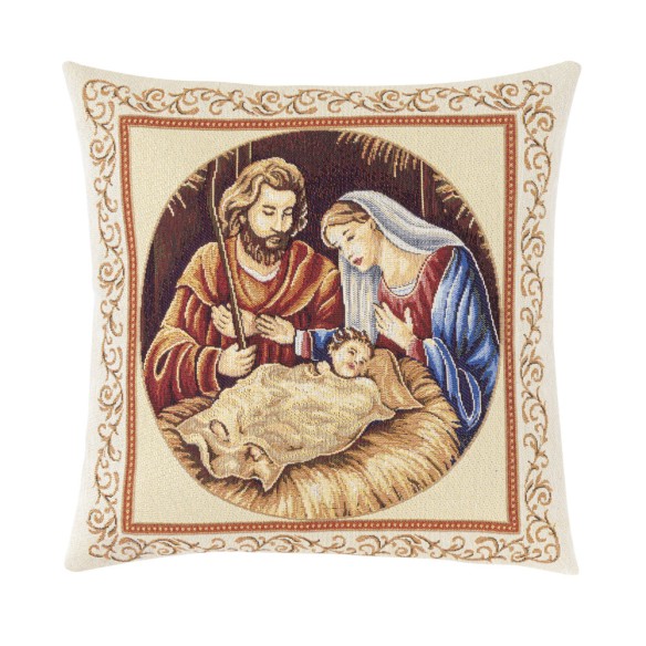 Cojin Jacquard con nacimiento con fondo beige. 45x45 NATIVIDAD C.42