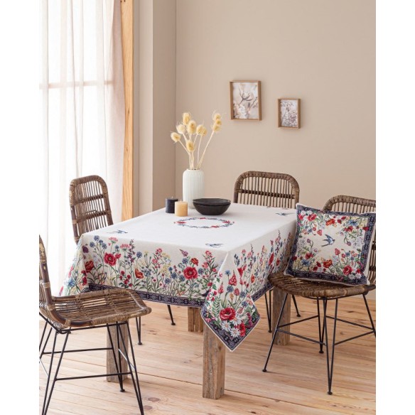 Mantel de mesa de tejido Jacquard con flores y golondrinas CHAMOMILLE